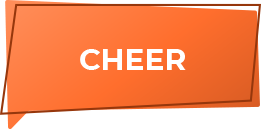 An orange colored thought bubble with a hand drawn outline and the word cheer inside of it